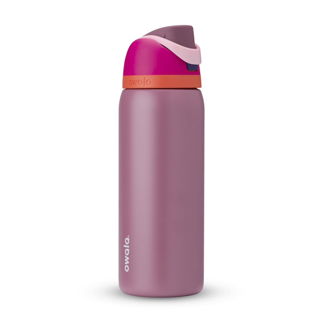 Full profile shot of the 32oz 'Crown Jewel' FreeSip water bottle in pink and mauve.