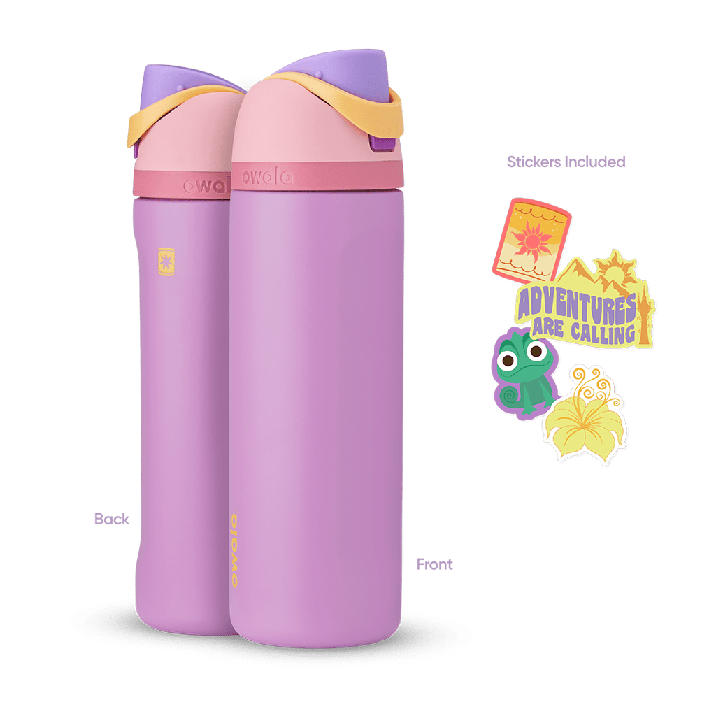 Front and back view of the Rapunzel 24oz Owala FreeSip bottle with Rapunzel-themed stickers, showcasing all included items.